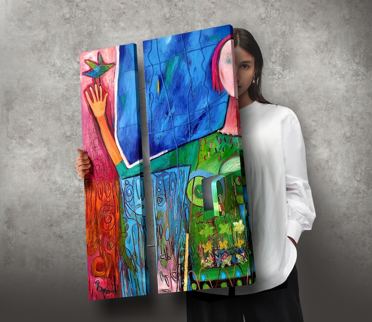 The blue birdie at the tip of my fingers oil on wood 52х80х2 см