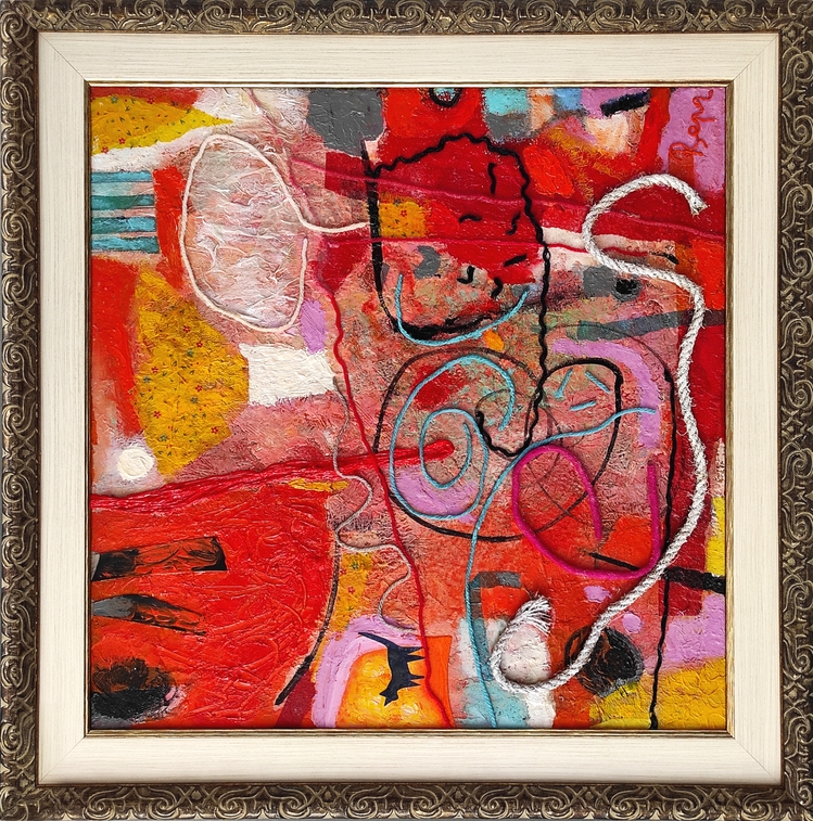 The cat fell in love. oil on canvas collage 63х63 см